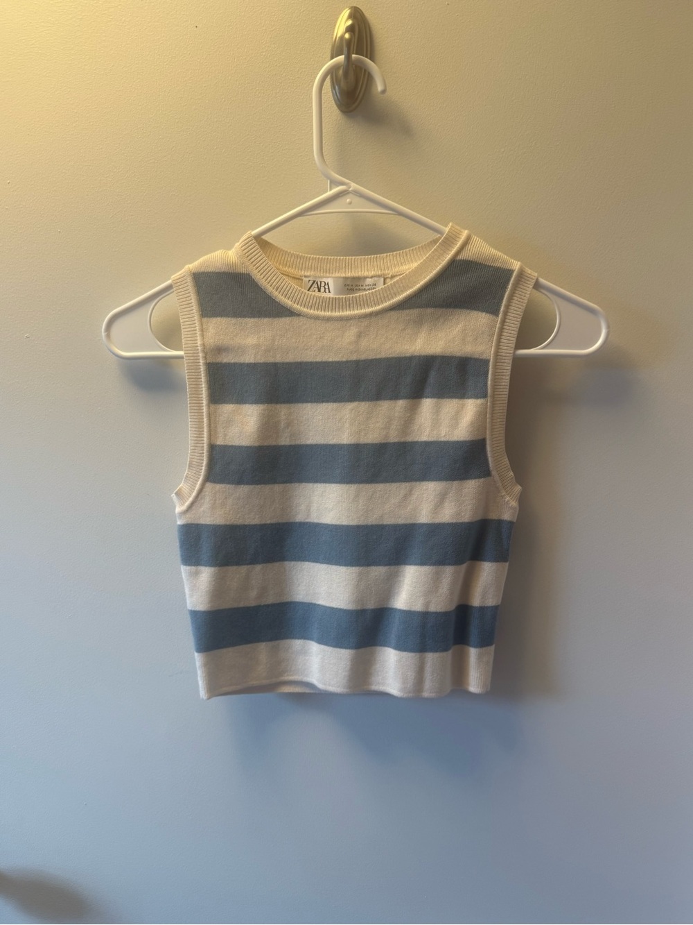 Zara Blue and Cream Striped Sleeveless Knit Top
